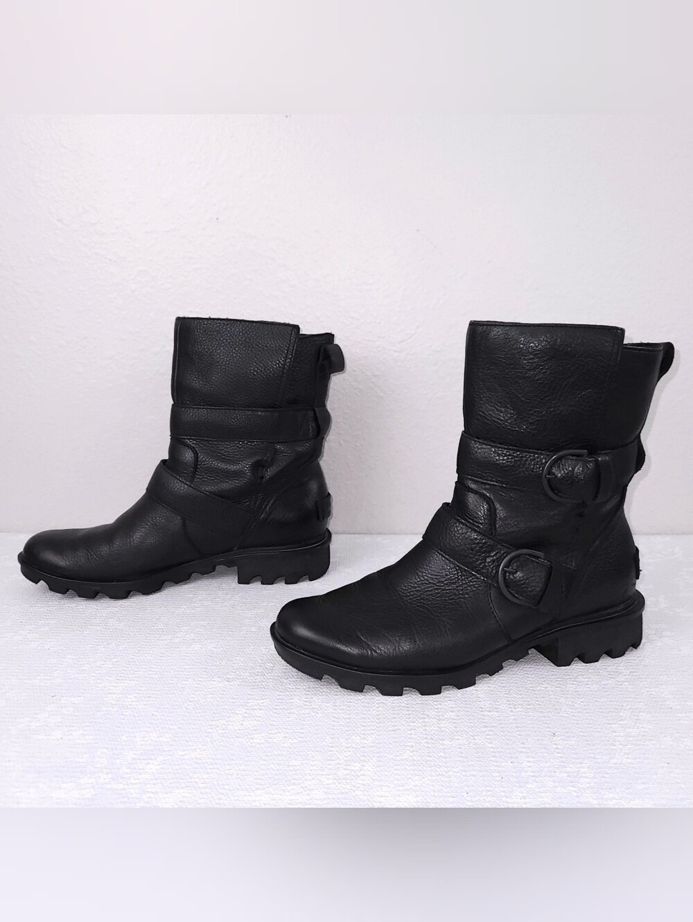 SOREL Phoenix Combat Boots US 9 Black Leather Moto Belted Buckle